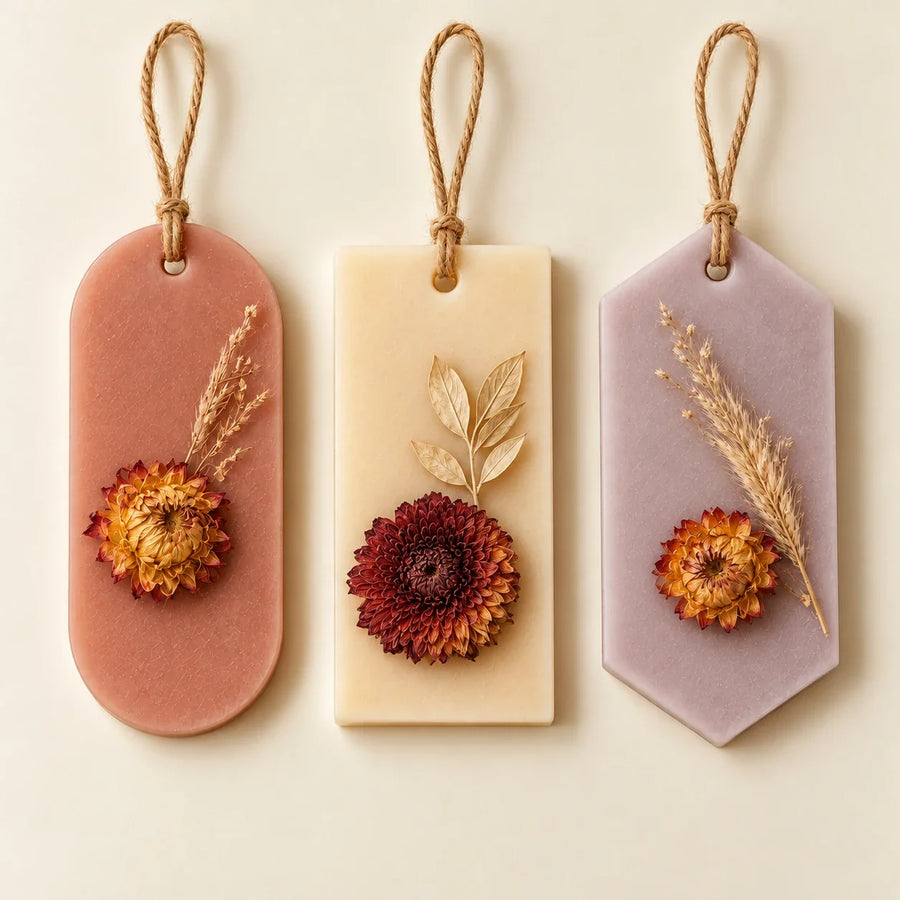 Drei Duftanhänger in Rosa, Creme und Lavendel mit Kordeln, großen getrockneten Blüten und Gräsern – beispielhafte Gestaltung.