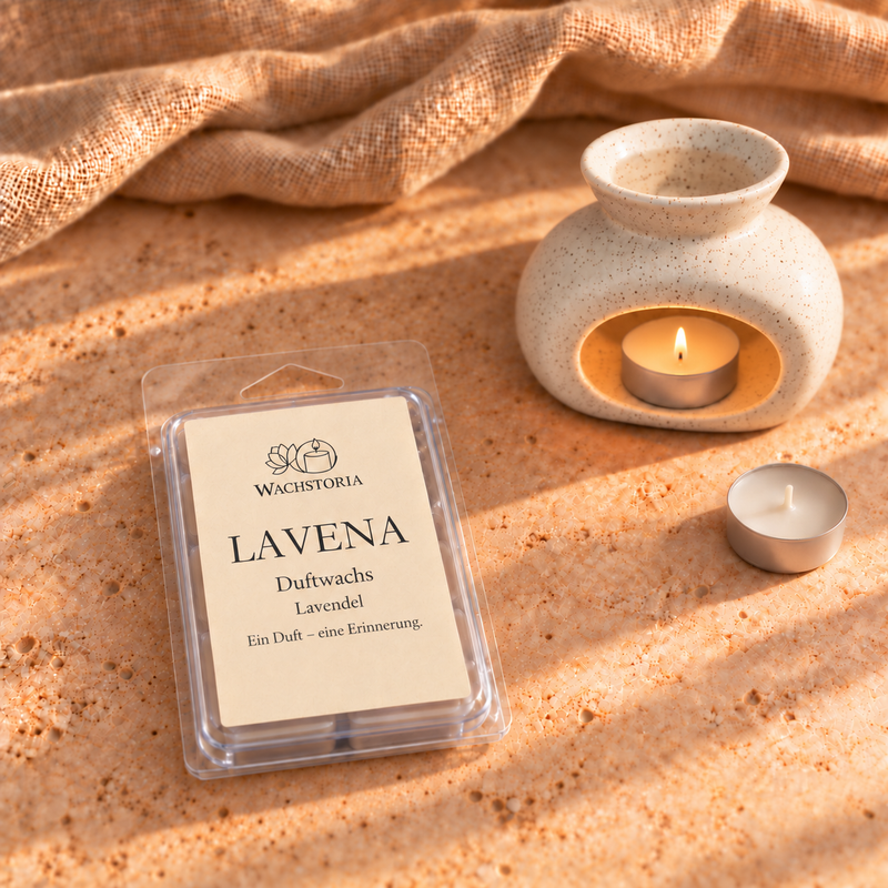 Wachstoria Duftwachs-Starter-Set mit der Duftlampe Creme Rund und brennendem Teelicht, einer Packung Lavena als Duftbeispiel und einem weiteren Teelicht.