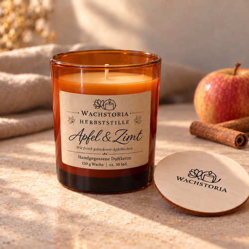 Wachstoria Apfel-Zimt Duftkerze mit 150 g Wachs im bernsteinfarbenen Glas, Holzdeckel, Apfel und Zimt