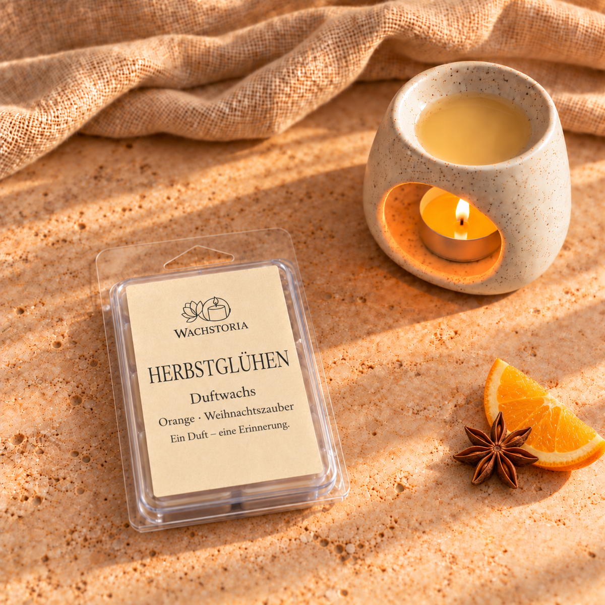Wachstoria Duftwachs Herbstglühen, 75 g. Die Originalverpackung liegt flach auf dem Tisch. Duftlampe und Dekoration nicht enthalten.