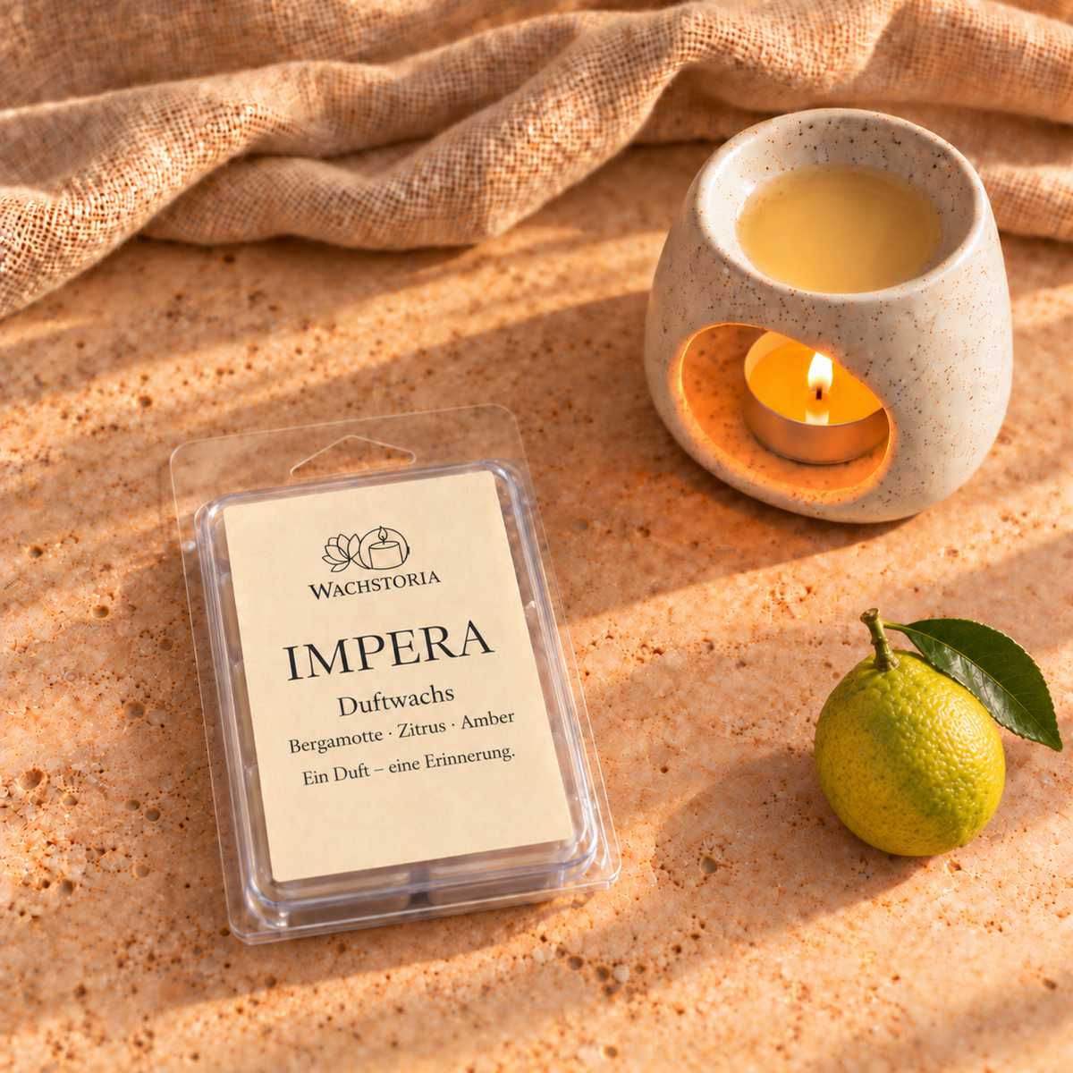 Wachstoria Duftwachs Impera, 75 g. Originalverpackung mit Bergamotte; Duftlampe und Dekoration nicht enthalten.