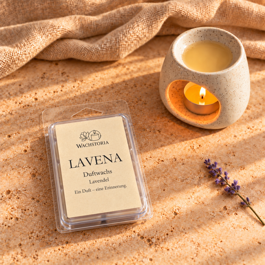 Wachstoria Duftwachs Lavena, 75 g. Die Originalverpackung liegt flach auf dem Tisch. Duftlampe und Dekoration nicht enthalten.