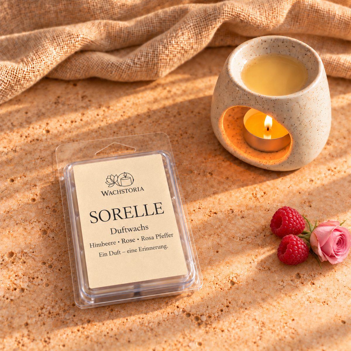 Wachstoria Duftwachs Sorelle, 75 g. Die Originalverpackung liegt flach auf dem Tisch. Duftlampe und Dekoration nicht enthalten.