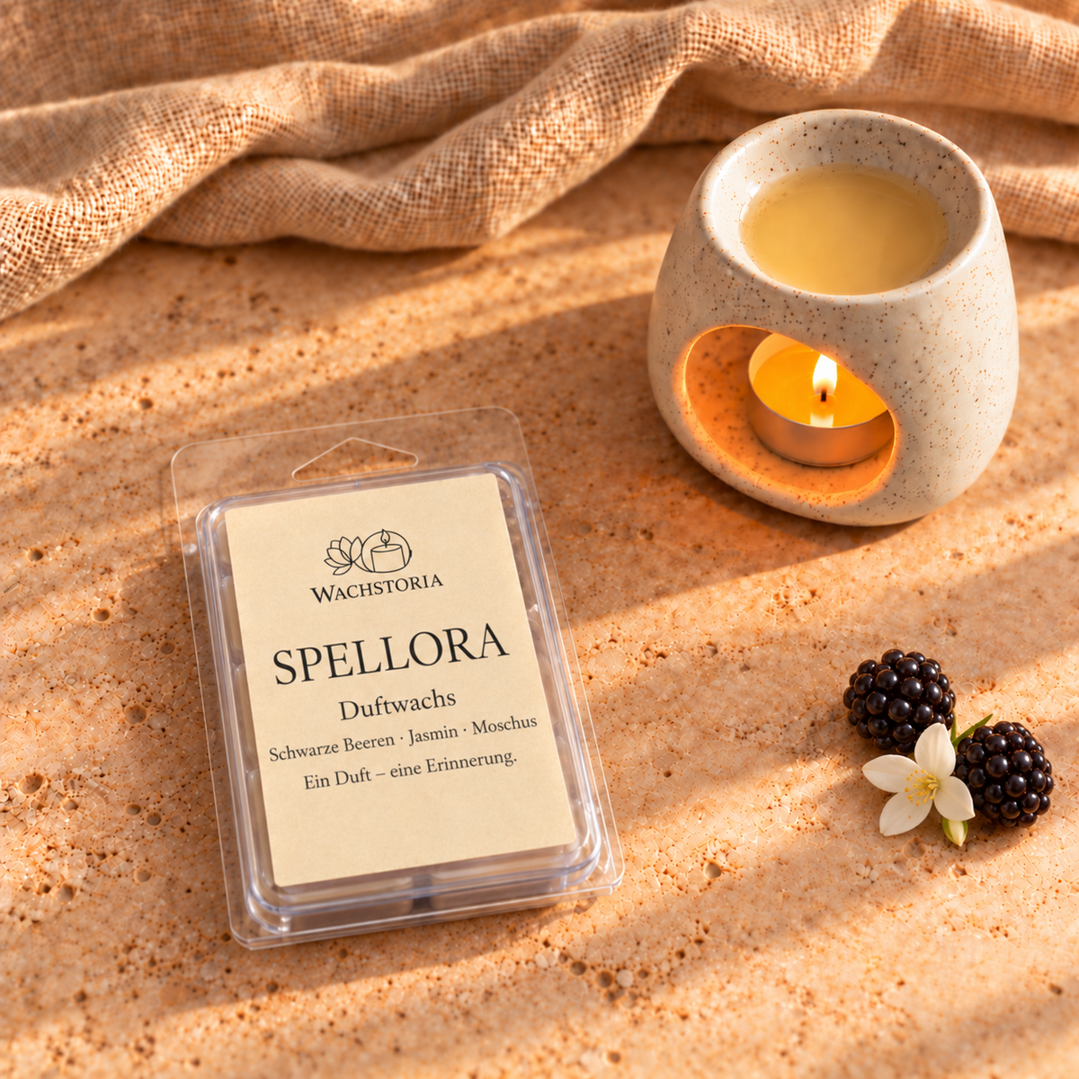 Wachstoria Duftwachs Spellora, 75 g. Die Originalverpackung liegt flach auf dem Tisch. Duftlampe und Dekoration nicht enthalten.