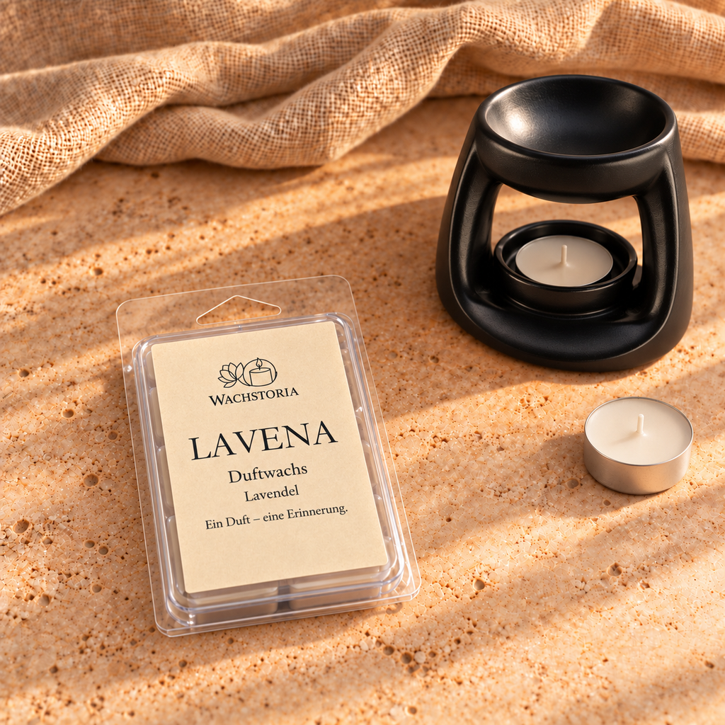 Wachstoria Duftwachs-Starterset mit Duftlampe, einer flach liegenden Packung Lavena als Duftbeispiel und zwei Teelichtern.